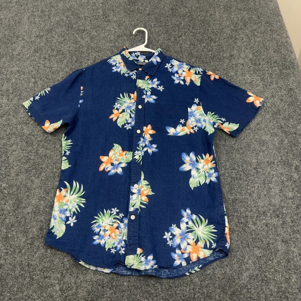 Lands End Button Down Shirt Men M Blue Linen Floral Tailored Fit Hawaiian Casual